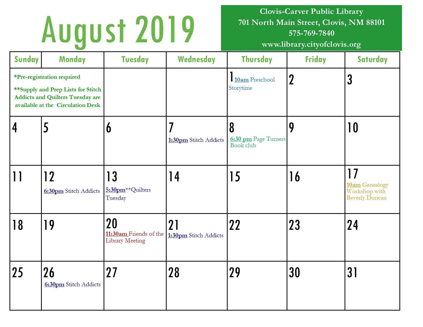 Calendar | August 2019